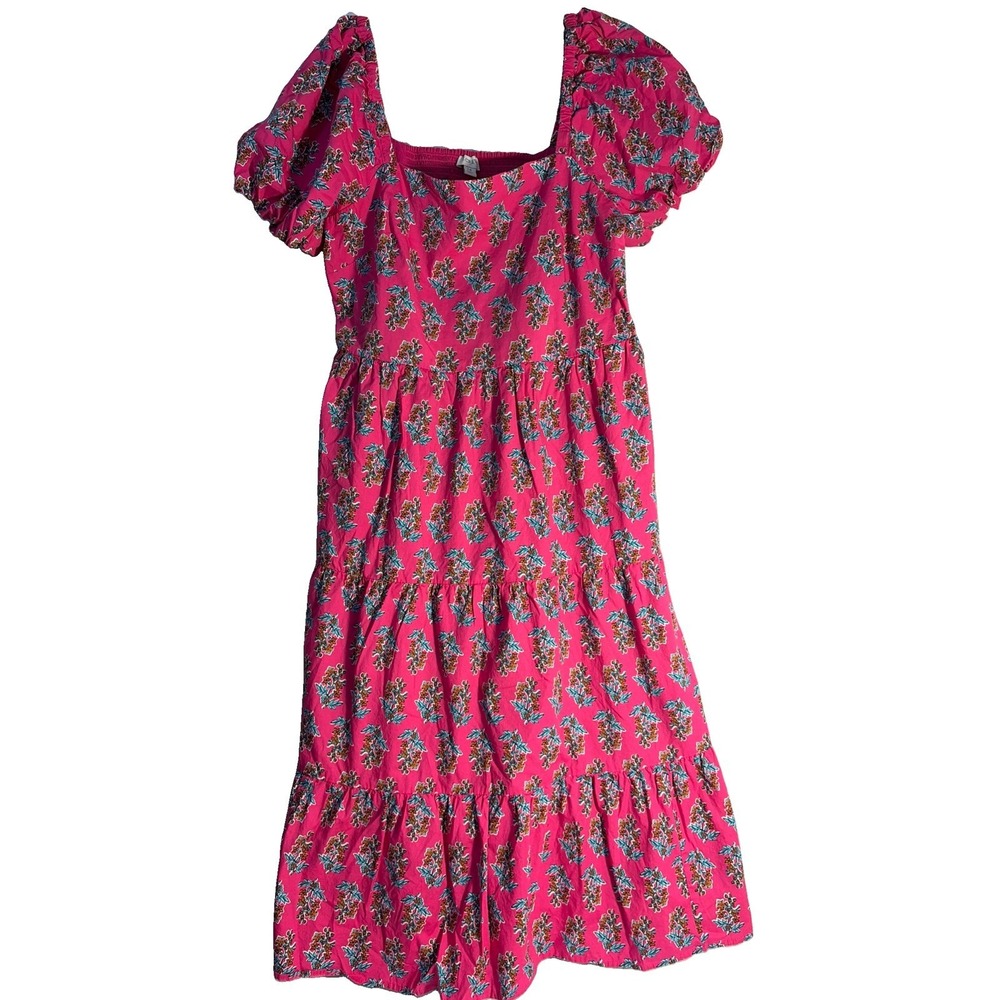 J. Crew Tiered Midi Dress Puff Sleeve Pink Floral Cottagecore Smocked Back Sz 14